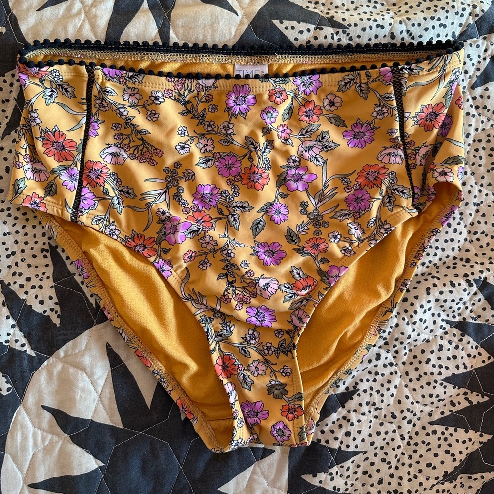 Time & Tru High-Waisted Swimsuit Bottoms | Yellow Floral with Black Trim